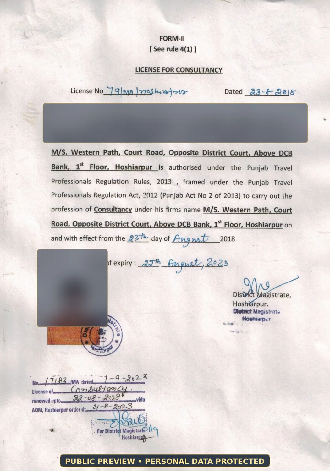 Privacy-protected public preview of Punjab Government consultancy licence